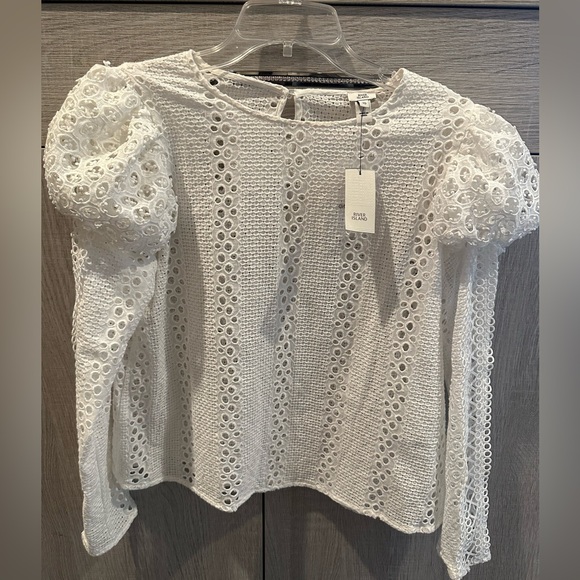 NWT River Island Women's White Puffy Sleeve Crochet Keyhole Back Top Size 10 - Picture 1 of 6